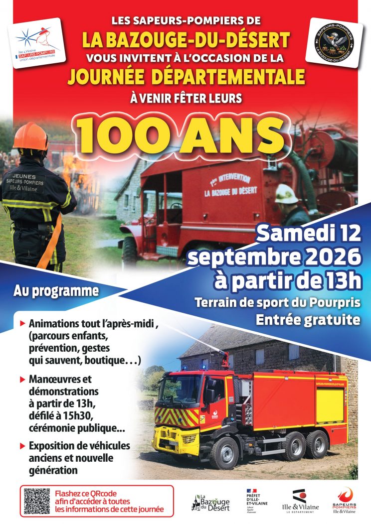 JDSP – Journée départementale des sapeurs-pompiers d&rsquo;Ille-et-Vilaine et 100 ans du centre d&rsquo;incendie et de secours de La Bazouge-du-Désert le samedi 12 septembre 2026